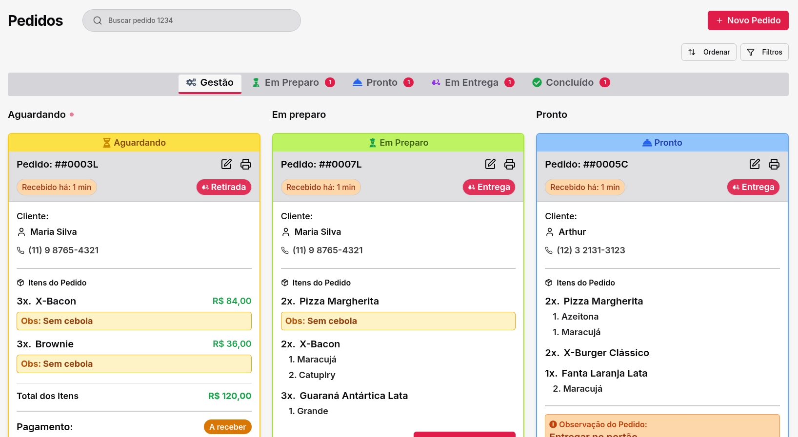 Interface do Gestor de Pedidos Menuzz